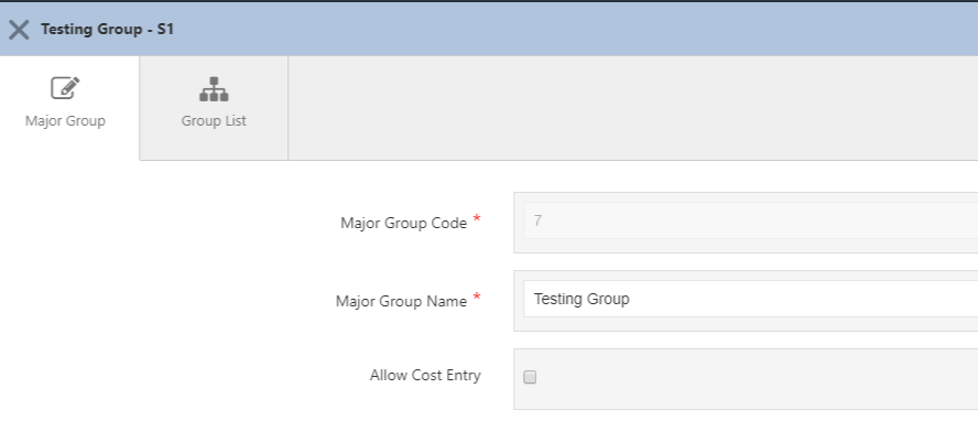 Screenshot 3.11 Major groups editing screen