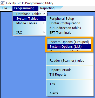 System Options (List) or System Options (Grouped)
