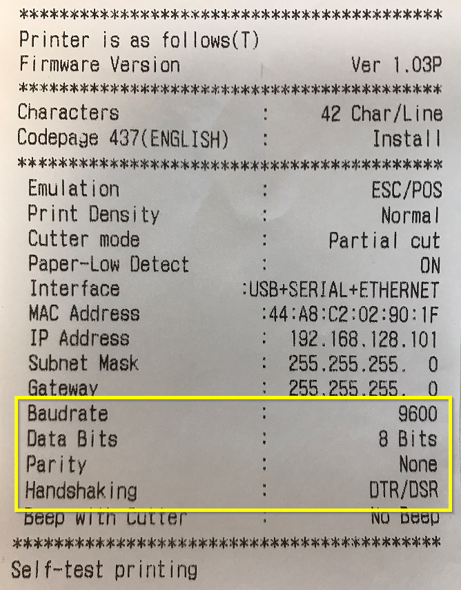 Receipt Printer Test Print Serial Settings