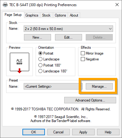 Page Setup - Manage Presets