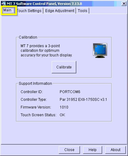 MicroTouch M7 Control Panel Main Tab