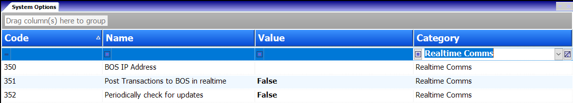 System Options (List) - Realtime Comms Category